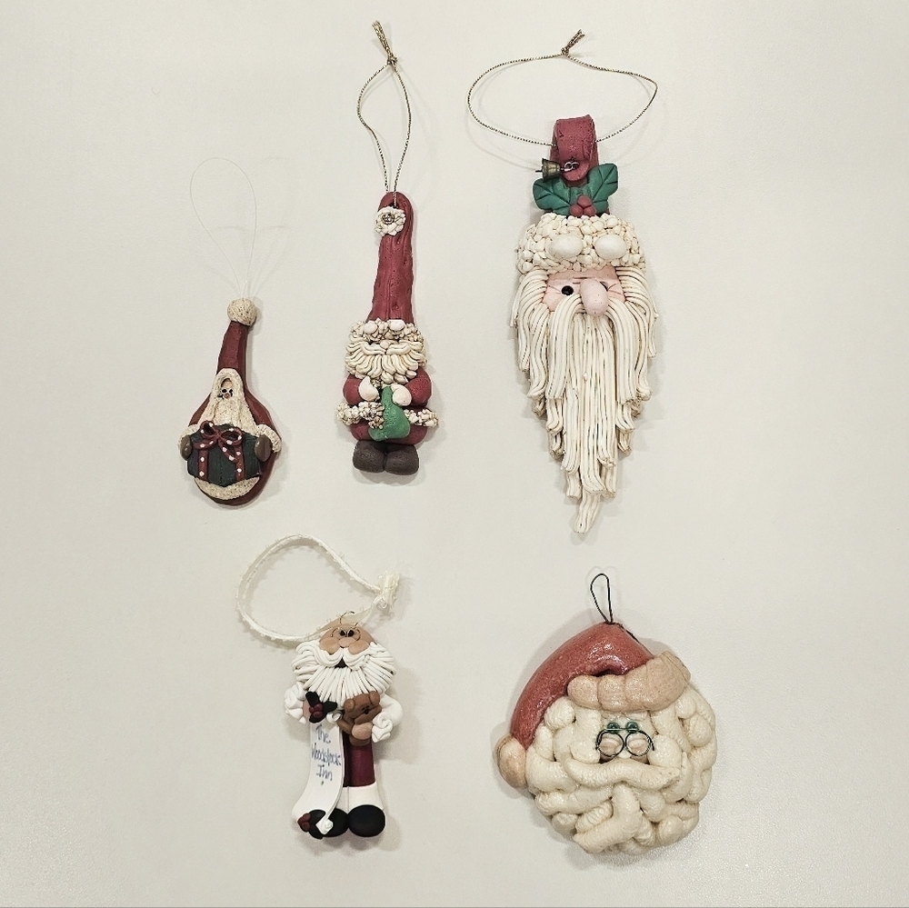 Vintage RARE Spaghetti & Clay Santa Claus Christmas Hand Painted Ornaments Qty 5